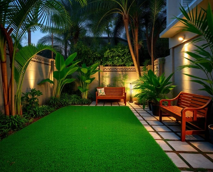 Image Prompt: Luxury modern villa in Lahore with a completely unique landscaped front garden, lush lawn, ornamental plants, stone pathway and elegant outdoor lighting, realistic professional DSLR photography, natural daylight, premium residential landscaping, photorealistic, no cartoon, no AI appearance.