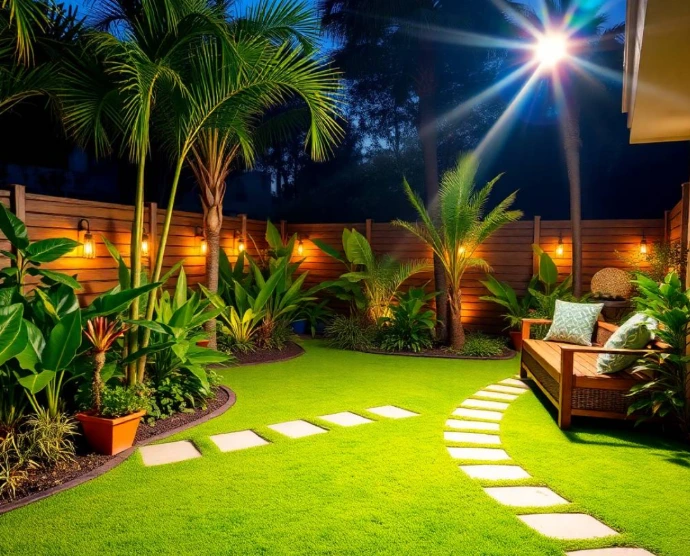 Fresh Image Idea: Spacious private backyard in DHA Phase 1 Lahore featuring a sunken seating area, pergola, layered shrubs, flowering plants, textured paving and ambient garden lighting, realistic DSLR photography, natural evening light, photorealistic.