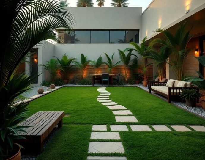 Fresh Image Idea: Elegant DHA Phase 3 Lahore villa featuring a circular lawn island surrounded by flowering borders, sculpted shrubs, a stone walkway and a distinctive pergola, realistic DSLR photography, crisp natural daylight, photorealistic.