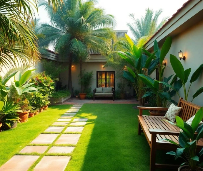 Fresh Image Idea: Sophisticated DHA Phase 4 Lahore backyard featuring a curved gravel garden, circular fire-pit seating, ornamental grasses, flowering shrubs and a sculptural tree, realistic DSLR photography, soft sunset lighting, photorealistic.