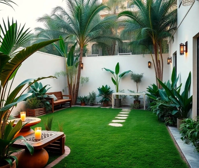 Fresh Image Idea: Large DHA Phase 6 Lahore backyard designed as a natural retreat with a winding stepping-stone trail, flowering meadow area, wooden bench, tall shade tree and layered greenery, realistic DSLR photography, soft afternoon light, photorealistic.
