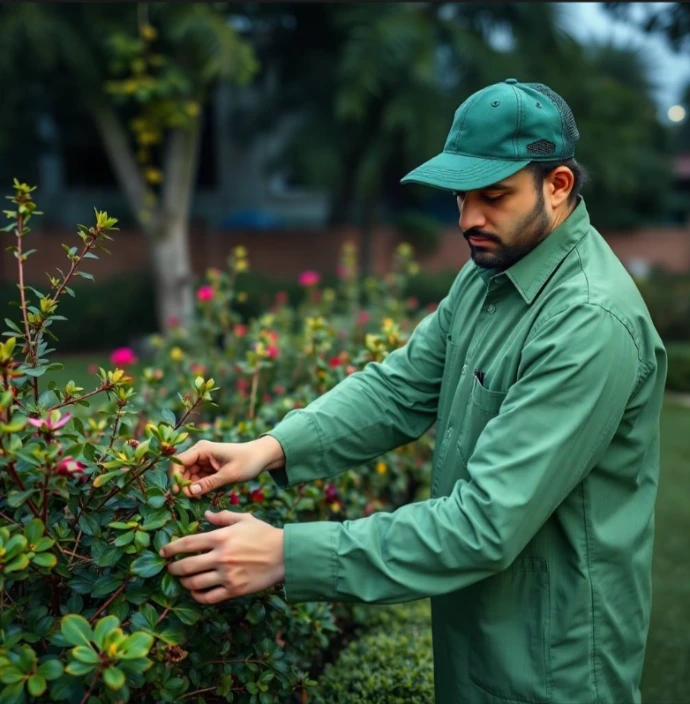 Fresh Image Idea: High-end DHA Phase 5 Lahore villa with a grand symmetrical garden, manicured circular hedges, flowering borders, sculptural palms, marble pathway and elegant outdoor lounge, realistic DSLR photography, natural golden-hour light, photorealistic.
