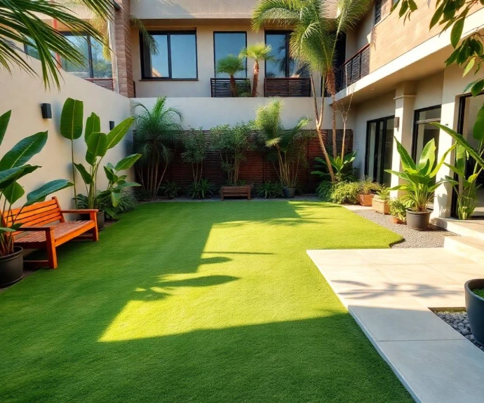 Fresh Image Idea: Luxury private backyard in DHA Phase 5 Lahore featuring a sunken stone lounge, linear water channel, tropical foliage, decorative boulders and a modern timber canopy, realistic DSLR photography, soft morning light, photorealistic.