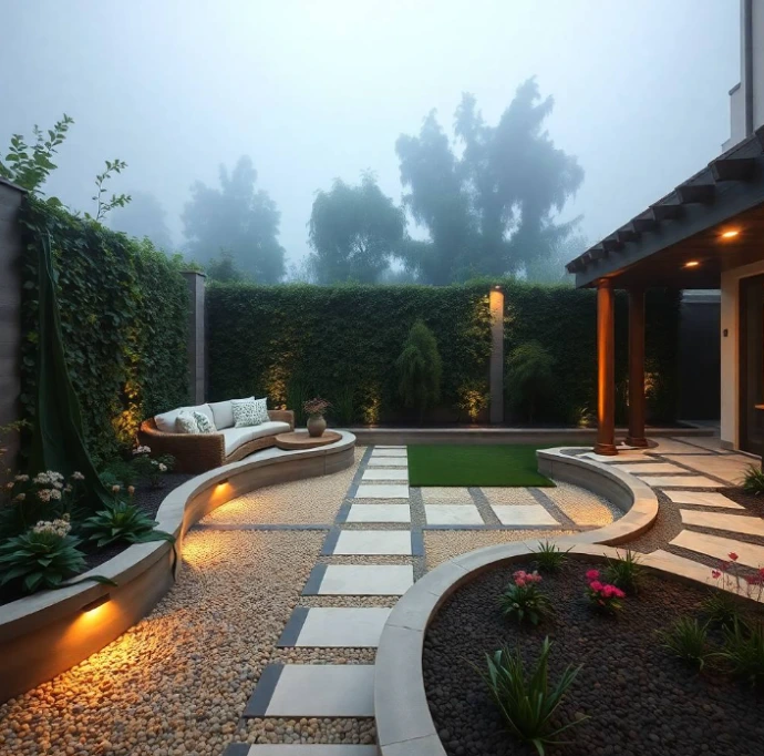 Spacious modern backyard in DHA Phase 7 Lahore featuring a distinctive sunken lounge, curved raised garden beds, decorative gravel patterns, flowering plants, vertical greenery wall, wooden pergola and subtle pathway lighting, realistic DSLR photography, natural daylight, highly detailed, photorealistic, no cartoon, no AI look.
