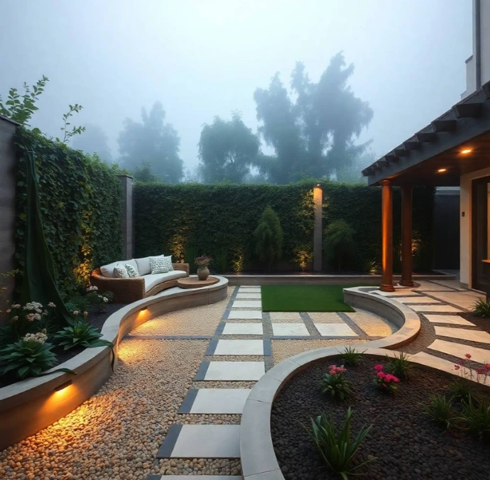 Image Prompt: Premium DHA Phase 8 Lahore backyard featuring a distinctive circular stone seating area surrounded by lush ornamental grasses, colorful flowering plants, a narrow water feature, wooden privacy screen, layered greenery, warm natural sunlight, modern villa softly visible behind the garden, realistic DSLR photography, professional landscape photography, highly detailed, photorealistic, no repeated house design, no cartoon, no CGI.