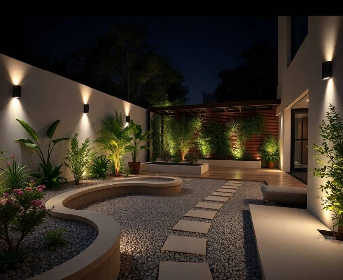 Image Prompt: Modern private backyard in Bahria Orchard Lahore with an unusual landscape concept featuring a circular sunken fire-pit lounge, curved concrete seating, patterned porcelain paving, raised herb planters, ornamental bamboo, flowering shrubs, a slim water channel, contemporary pergola, and warm outdoor lanterns, natural evening light, professional architectural garden photography, DSLR realism, highly detailed foliage, realistic materials, no cartoon, no CGI, no repeated garden layout.