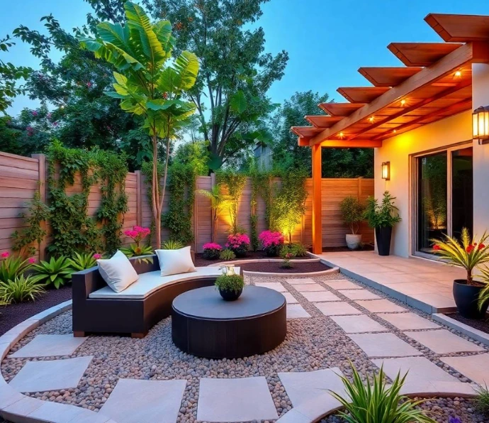 Creative Lake City Lahore backyard with an unconventional landscape design featuring an oval sunken seating deck, curved pergola, colorful vertical flower wall, narrow pebble stream, artistic stepping stones, mature olive tree, raised geometric planters, ornamental foliage, cozy outdoor reading corner, modern villa subtly visible behind greenery, golden-hour natural light, professional DSLR garden photography, realistic textures, authentic shadows, ultra-photorealistic, no cartoon, no CGI, no repeated previous image concept.