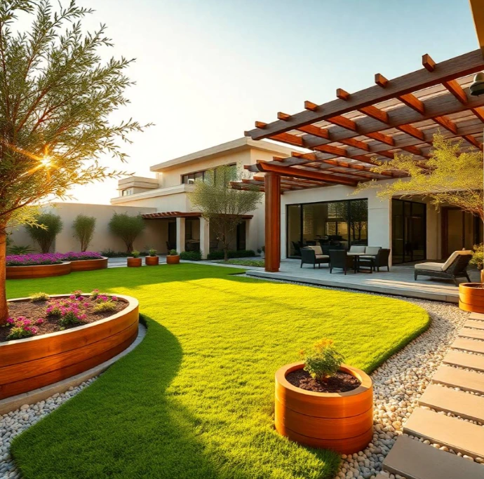 Image Prompt: Private family backyard in Model Town Lahore with a distinctive residential garden design featuring a shaded outdoor breakfast nook beneath a mature tree, curved pebble pathway, small koi pond, natural wooden bench, fragrant jasmine climbers, raised vegetable beds, flowering borders, terracotta pots, dense privacy greenery, warm early-morning sunlight, authentic Lahore residential atmosphere, professional DSLR garden photography, realistic foliage and materials, ultra-photorealistic, no cartoon, no CGI, no repeated previous composition.