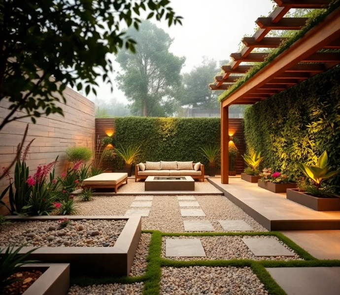 Image Prompt: High-end private backyard in Gulberg Lahore with a sophisticated original landscape featuring a circular marble gazebo, elegant outdoor dining area, narrow linear water rill, mature date palm, sculptural topiary, fragrant rose garden, textured limestone paving, luxury privacy screens, artistic garden sculpture, subtle hidden lighting, premium residence softly visible through greenery, natural blue-hour ambience, professional architectural garden photography, full-frame DSLR, realistic reflections and textures, ultra-photorealistic, no cartoon, no CGI, no repeated previous image concept.
