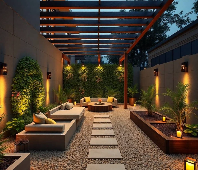 Image Prompt: Compact Wapda Town Lahore backyard with a practical budget-friendly landscape featuring a raised vegetable planter, curved stepping-stone walkway, small shaded seating corner, hanging flower baskets, fragrant jasmine screen, dwarf fruit trees, colorful groundcover, natural gravel, simple wooden trellis, cozy family atmosphere, soft morning sunlight, professional DSLR garden photography, realistic plants and materials, authentic residential setting, ultra-photorealistic, no cartoon, no CGI, no repeated previous image composition.