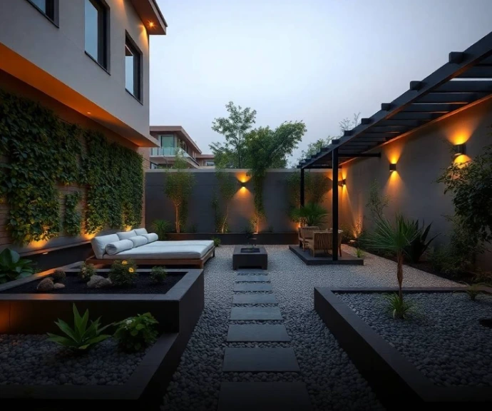 Modern luxury villa in Valencia Town Lahore with an innovative landscape featuring a circular sunken garden, curved lawn patterns, sculptural planters, ornamental grasses, flowering trees, contemporary stone pathway, geometric water feature, elegant outdoor seating, distinctive villa architecture, bright natural daylight, professional DSLR landscaping photography, realistic foliage and materials, ultra-photorealistic, natural shadows, no cartoon, no CGI, no artificial AI appearance.