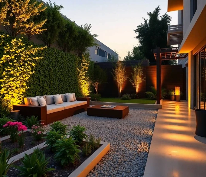 Elegant contemporary villa in LDA Avenue Lahore with a specialized landscape featuring a long linear reflecting pond, mature palm clusters, raised limestone planting beds, sculptural agave plants, flowering bougainvillea, natural sandstone walkway, minimalist outdoor lounge, textured boundary wall, distinctive architectural facade, soft sunrise lighting, professional full-frame DSLR landscaping photography, realistic foliage and materials, natural shadows, ultra-photorealistic, no cartoon, no CGI, no artificial AI appearance.