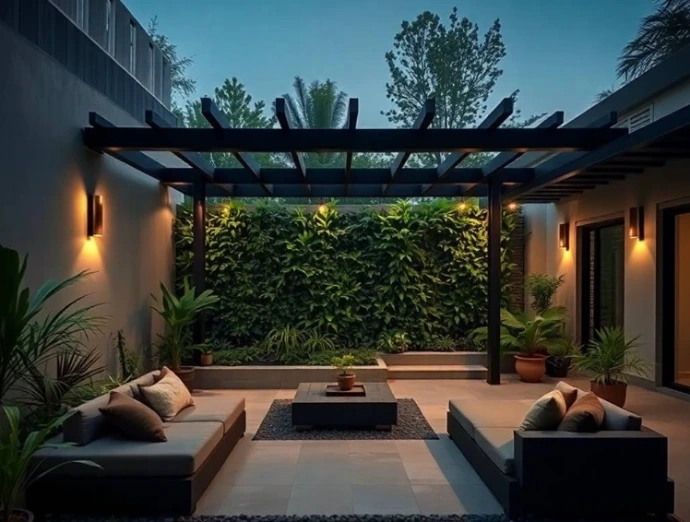 Sophisticated private backyard in Lahore Cantt with an original elegant garden concept featuring a crescent-shaped lawn, sunken marble seating circle, mature frangipani tree, decorative ceramic urns, lavender planting strips, natural cobblestone walkway, small wall-mounted water cascade, climbing roses, woven lounge chairs, dense greenery, warm evening sunlight, authentic residential atmosphere, professional full-frame DSLR garden photography, realistic textures and shadows, ultra-photorealistic, no cartoon, no CGI, no repeated previous image concept.