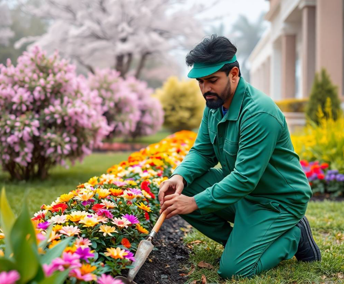 residence softly visible in background, elegant stone pathway and ornamental plants surrounding him, gentle early morning sunlight, professional landscaping advertisement photography, full-frame DSLR, 85mm lens, realistic depth of field, natural shadows, true-to-life colors, ultra-photorealistic, no cartoon, no CGI, no illustration, no distorted anatomy, no extra fingers, no artificial AI appearance.