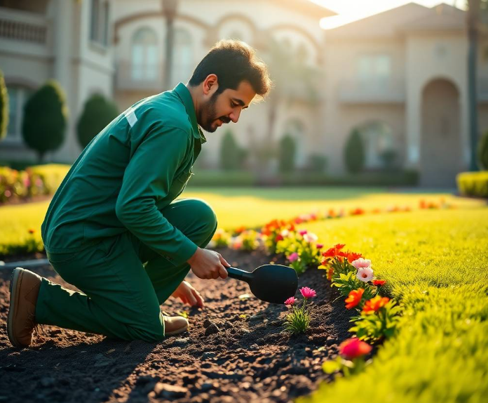 Pakistani villa softly blurred in the background, bright natural morning sunlight, professional landscaping advertisement photography, full-frame DSLR, 85mm lens, realistic depth of field, natural shadows, true-to-life colors, ultra-photorealistic, no cartoon, no CGI,