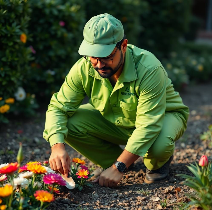 planting beds surrounding him, manicured lawn, natural stone pathway and modern villa softly blurred in background, gentle morning sunlight, professional landscaping advertisement photography, full-frame DSLR, 85mm lens, realistic depth of field, natural shadows, true-to-life colors, ultra-photorealistic, no cartoon, no CGI, no illustration, no distorted anatomy, no extra fingers, no artificial AI appearance.