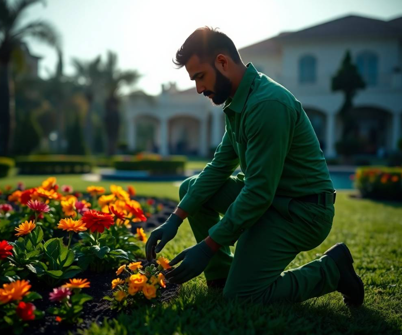 lawn surrounding him, elegant stone pathway and distinctive modern villa softly visible in background, gentle early morning sunlight, professional landscaping advertisement photography, full-frame DSLR, 85mm lens, realistic depth of field, natural shadows, true-to-life colors, ultra-photorealistic, no cartoon, no CGI, no illustration, no distorted anatomy, no extra fingers, no artificial AI appearance.