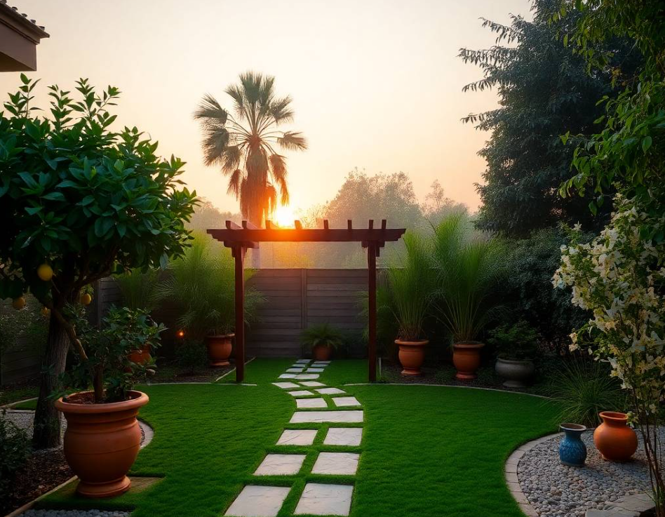 Pakistani male horticulture specialist wearing a crisp green Greenpak landscaping uniform, carefully planting a young ornamental citrus tree in a professionally prepared garden bed at an upscale F-6 Islamabad residence, kneeling naturally while positioning the root ball with professional gardening tools nearby, focused expression, realistic Pakistani facial features, authentic skin pores, anatomically correct hands with exactly five fingers,