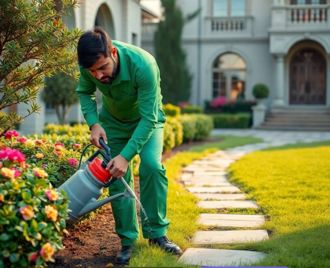 lawn surrounding him, elegant stone pathway and luxurious contemporary villa softly visible in the background, gentle early morning sunlight, professional luxury landscaping advertisement photography, full-frame DSLR, 85mm lens, realistic depth of field, natural shadows, true-to-life colors, ultra-photorealistic, no cartoon, no CGI, no illustration, no distorted anatomy, no extra fingers, no artificial AI
