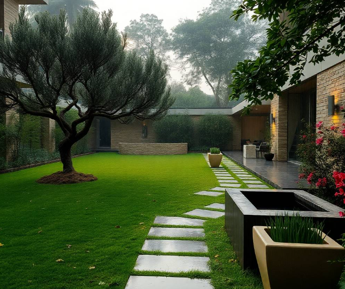 Pakistani male horticulture specialist wearing a crisp green Greenpak landscaping uniform, carefully installing decorative river stones around the base of a mature ornamental tree in a premium Bahria Enclave Islamabad residence, naturally kneeling beside a freshly landscaped planting bed, focused expression, realistic Pakistani facial features, authentic skin pores, anatomically correct hands with exactly five fingers, detailed uniform stitching,