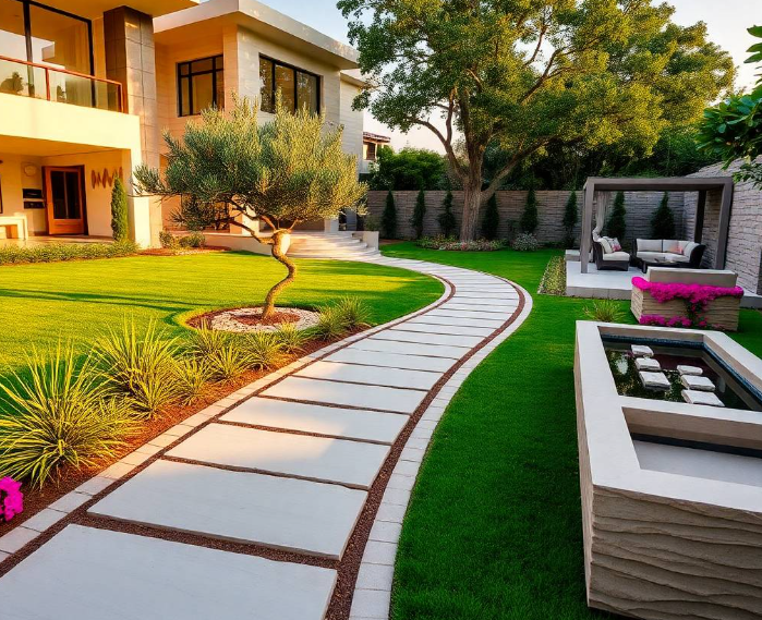 young ornamental olive tree into a prepared circular planting bed at an upscale Park View City Islamabad residence, gently securing the tree with professional support stakes and soft ties, natural standing posture, focused expression, realistic Pakistani facial features, authentic skin pores, anatomically correct hands with exactly five fingers, detailed uniform stitching, realistic gardening tools, fresh soil and healthy ornamental plants surrounding