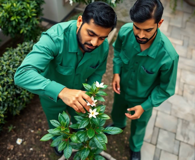realistic gardening tools, healthy dense foliage and flowering plants, luxury villa softly blurred in background, gentle morning sunlight, professional landscaping advertisement photography, full-frame DSLR, 85mm lens, realistic depth of field, natural shadows, true-to-life colors, ultra-photorealistic, no cartoon, no CGI, no illustration, no distorted anatomy, no extra fingers, no artificial AI appearance.