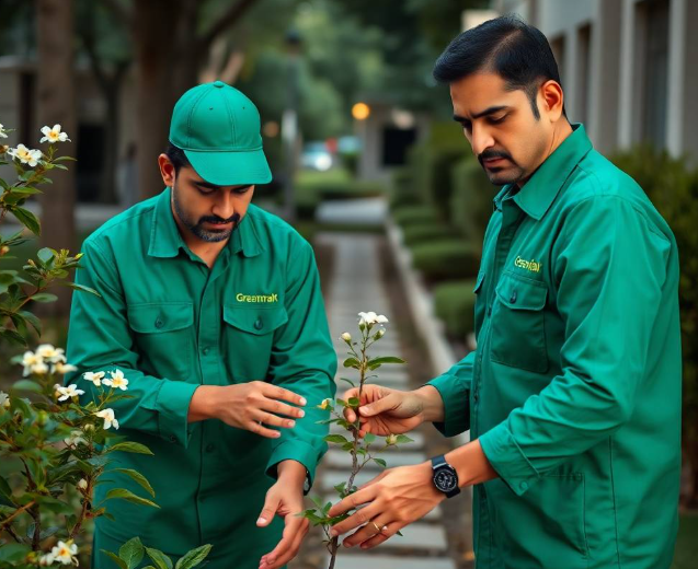 Pakistani male horticulture specialist wearing a crisp green Greenpak landscaping uniform, carefully trimming a decorative flowering hedge beside a premium garden walkway at an upscale E-11 Islamabad residence, holding professional hedge shears naturally, authentic