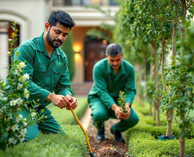 realistic gardening tools, healthy green foliage and delicate flowers, contemporary villa softly blurred in background, gentle morning sunlight, professional landscaping advertisement photography, full-frame DSLR, 85mm lens, realistic depth of field, natural shadows, true-to-life colors, ultra-photorealistic, no cartoon, no CGI, no illustration, no distorted anatomy, no extra fingers, no artificial AI appearance.