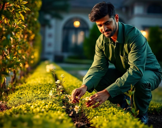 villa softly blurred in background, gentle morning sunlight, professional landscaping advertisement photography, full-frame DSLR, 85mm lens, realistic depth of field, natural shadows, true-to-life colors, ultra-photorealistic, no cartoon, no CGI, no illustration, no distorted anatomy, no extra fingers, no artificial AI appearance.