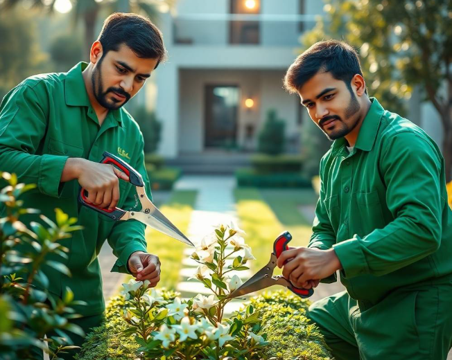 gardening tools, healthy foliage and vibrant flowers, elegant residential villa softly blurred in background, gentle morning sunlight, professional landscaping advertisement photography, full-frame DSLR, 85mm lens, realistic depth of field, natural shadows, true-to-life colors, ultra-photorealistic, no cartoon, no CGI, no illustration, no distorted anatomy, no extra fingers, no artificial AI appearance.