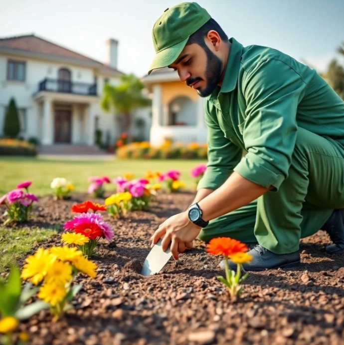 blurred in background, gentle natural morning sunlight, professional landscaping advertisement photography, full-frame DSLR, 85mm lens, realistic depth of field, natural shadows, true-to-life colors, ultra-photorealistic, no cartoon, no CGI, no illustration, no distorted anatomy, no extra fingers, no artificial AI appearance.