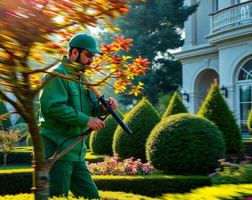 flowering shrubs, sandstone pathway and contemporary outdoor seating visible around him, distinctive upscale Pakistani villa in the background, soft natural daylight, realistic Pakistani facial features, authentic skin texture