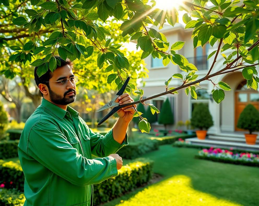 hears correctly, natural standing posture, focused expression, realistic Pakistani facial features, authentic skin pores, anatomically correct hands with exactly five fingers, detailed Greenpak uniform stitching, realistic gardening e