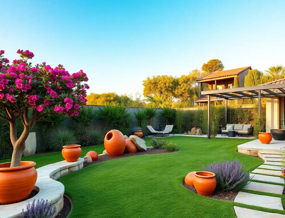 border around him, elegant modern villa softly blurred in background, gentle morning sunlight, professional landscaping