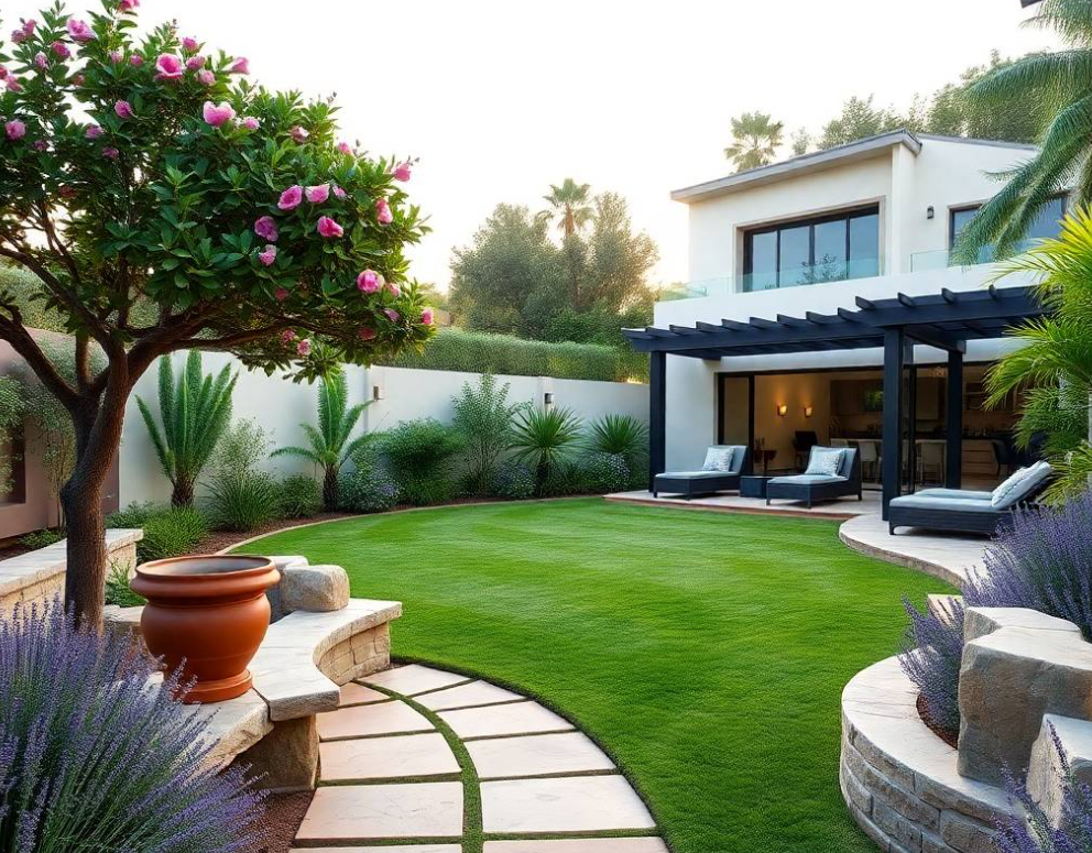 gardening equipment, precisely trimmed hedge and healthy foliage, immaculate geometric lawn and contemporary garden border surrounding him, stylish modern villa softly blurred in background, gentle early morning