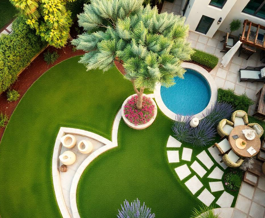 freshly maintained lawn, elegant stone pathway, flowering plants and clipped shrubs surrounding him, sophisticated luxury villa softly visible in the background, natural