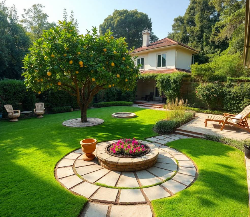 retaining borders, contemporary water feature, elegant outdoor bench, layered planting beds, distinctive Islamabad