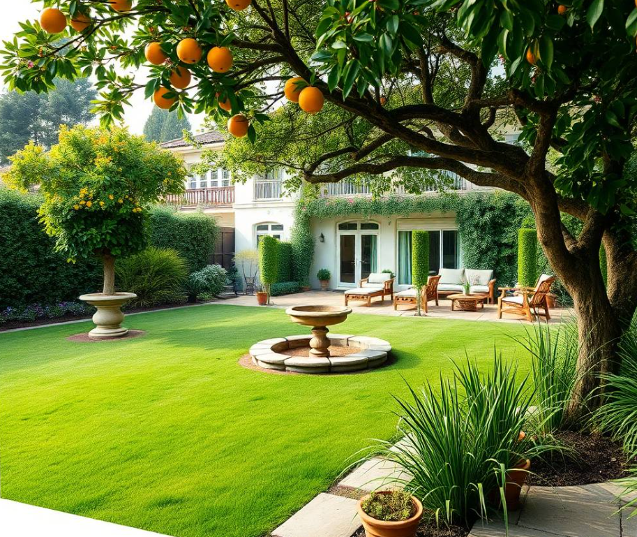 healthy jasmine foliage with delicate white flowers, manicured lawn and layered planting beds surrounding him, e