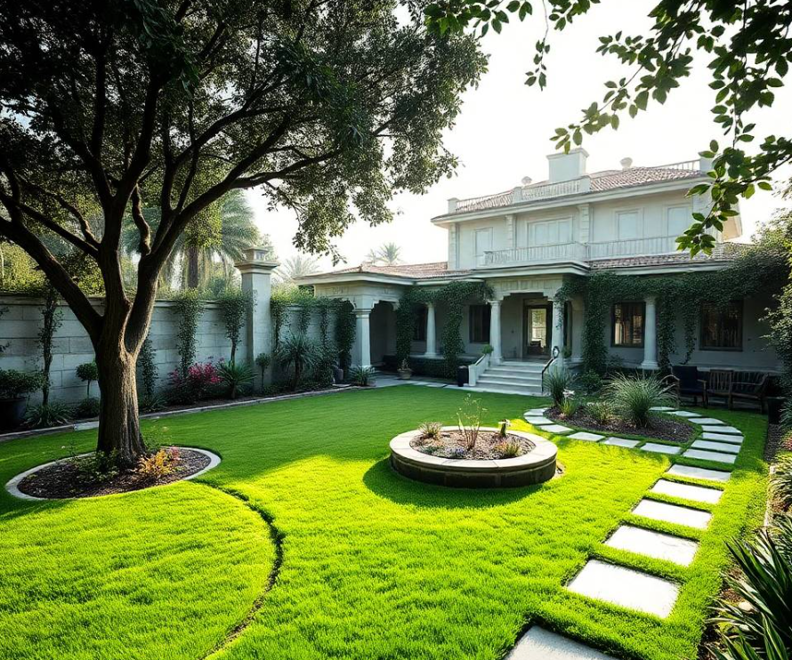 healthy hibiscus foliage and vibrant flowers, neatly maintained lawn and practical planting beds surrounding him, s