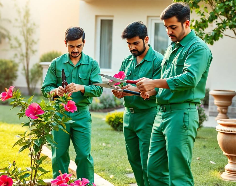 vibrant flowering plants, healthy shrubs and neatly maintained lawn surrounding him, modern Pakistani villa