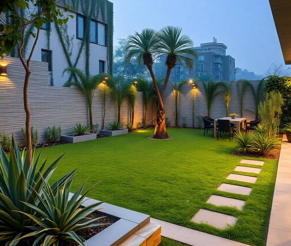 f palms, mature neem tree, built-in concrete seating, subtle garden lighting, narrow stepping-stone pathway, textured boundary