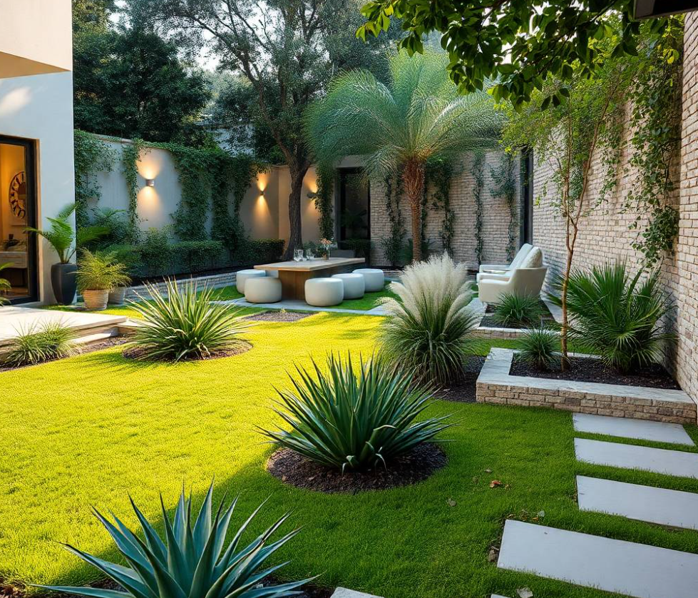 stitching and Greenpak branding, realistic gardening gloves and equipment, healthy shrubs, flowering plants and manicured lawn surrounding the work area, contemporary villa softly visible in the background,